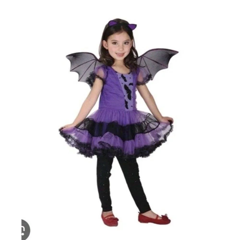 NEW Purple Bat Girl Size L Halloween Costume Dress Wings Headpiece Party